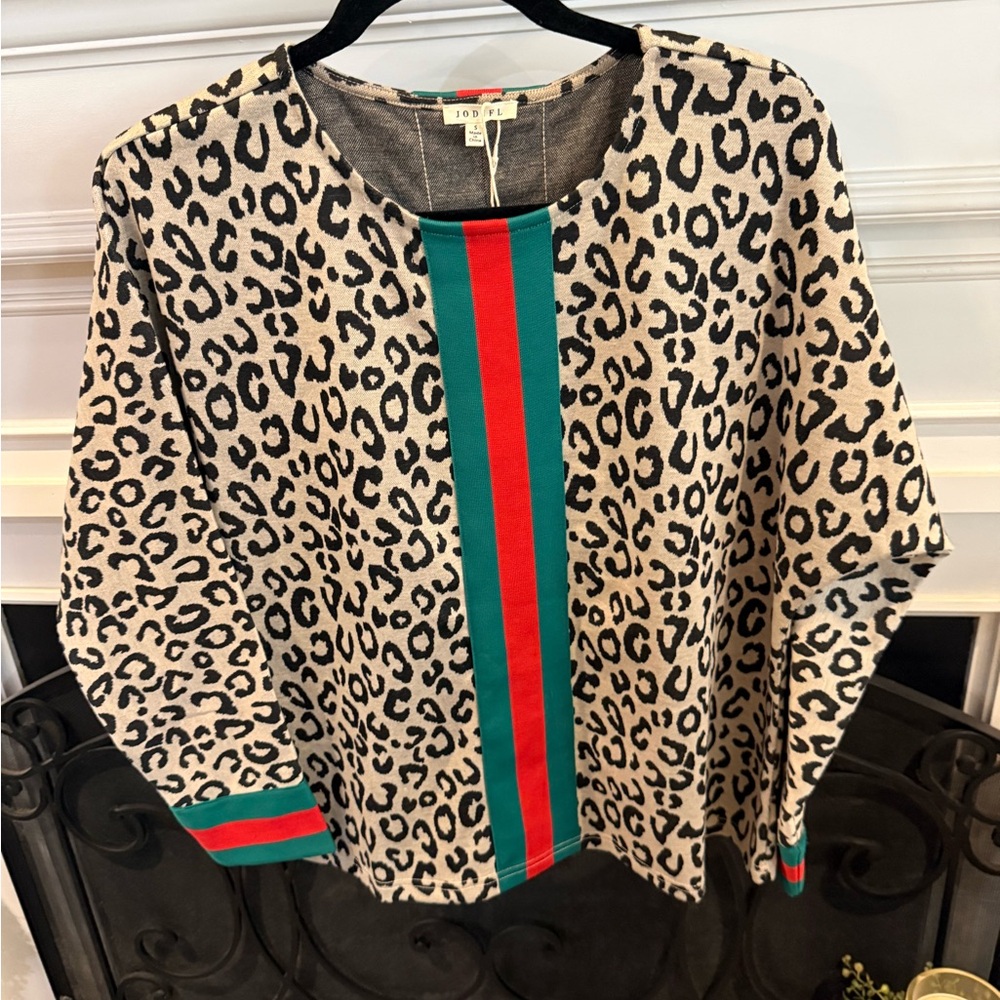 JODIFL Leopard Print Top with Red and Green Accents